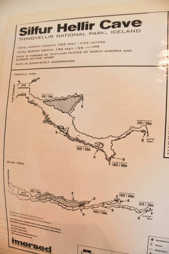 Mapa da caverna formada entre as placas tectônicas da América e Europa (na nossa agência de mergulho em Reykjavik, na Islândia)